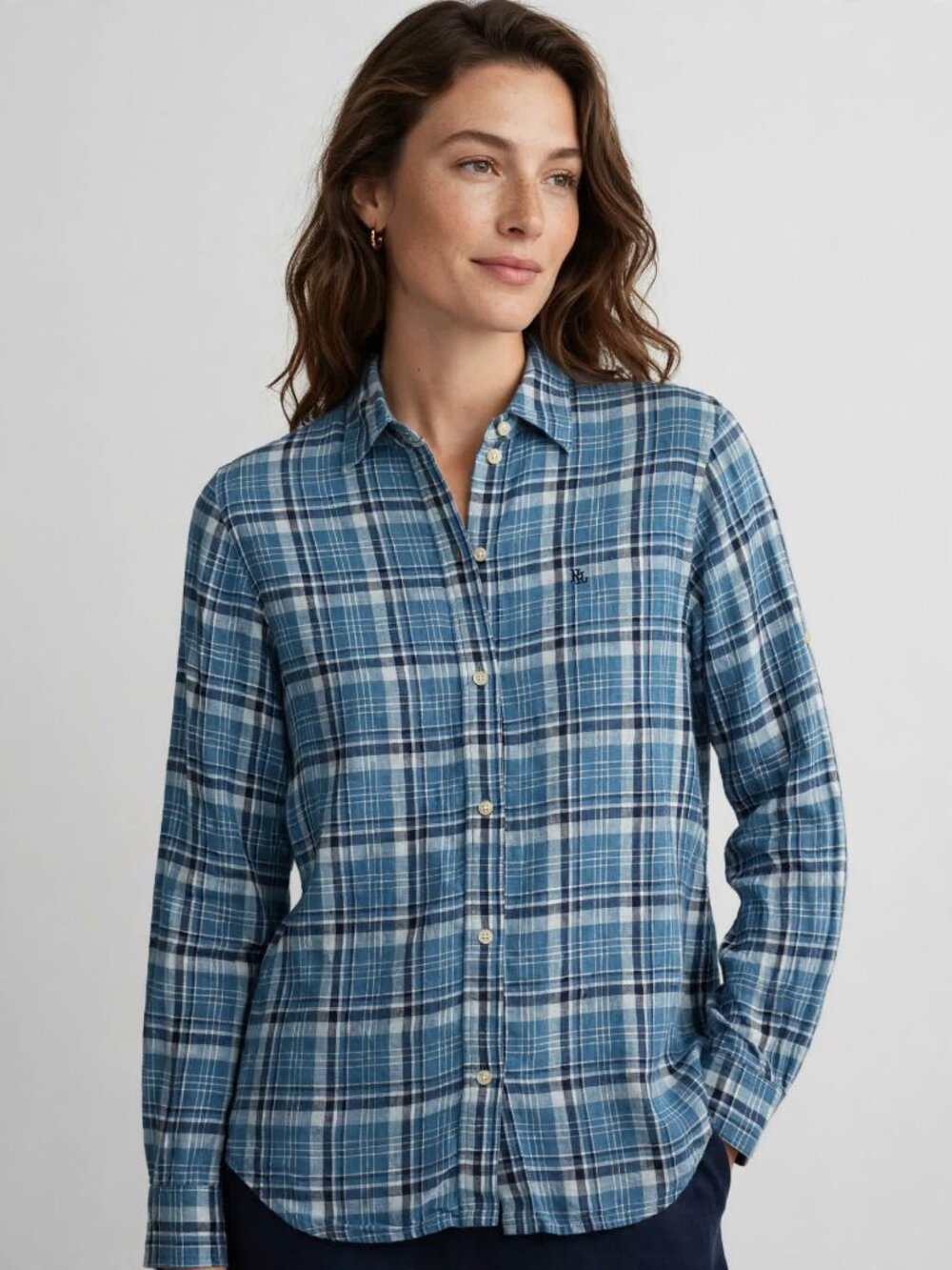 Lauren Ralph Lauren Blue Plaid Linen Roll Tab Sleeve Shirt Womens S